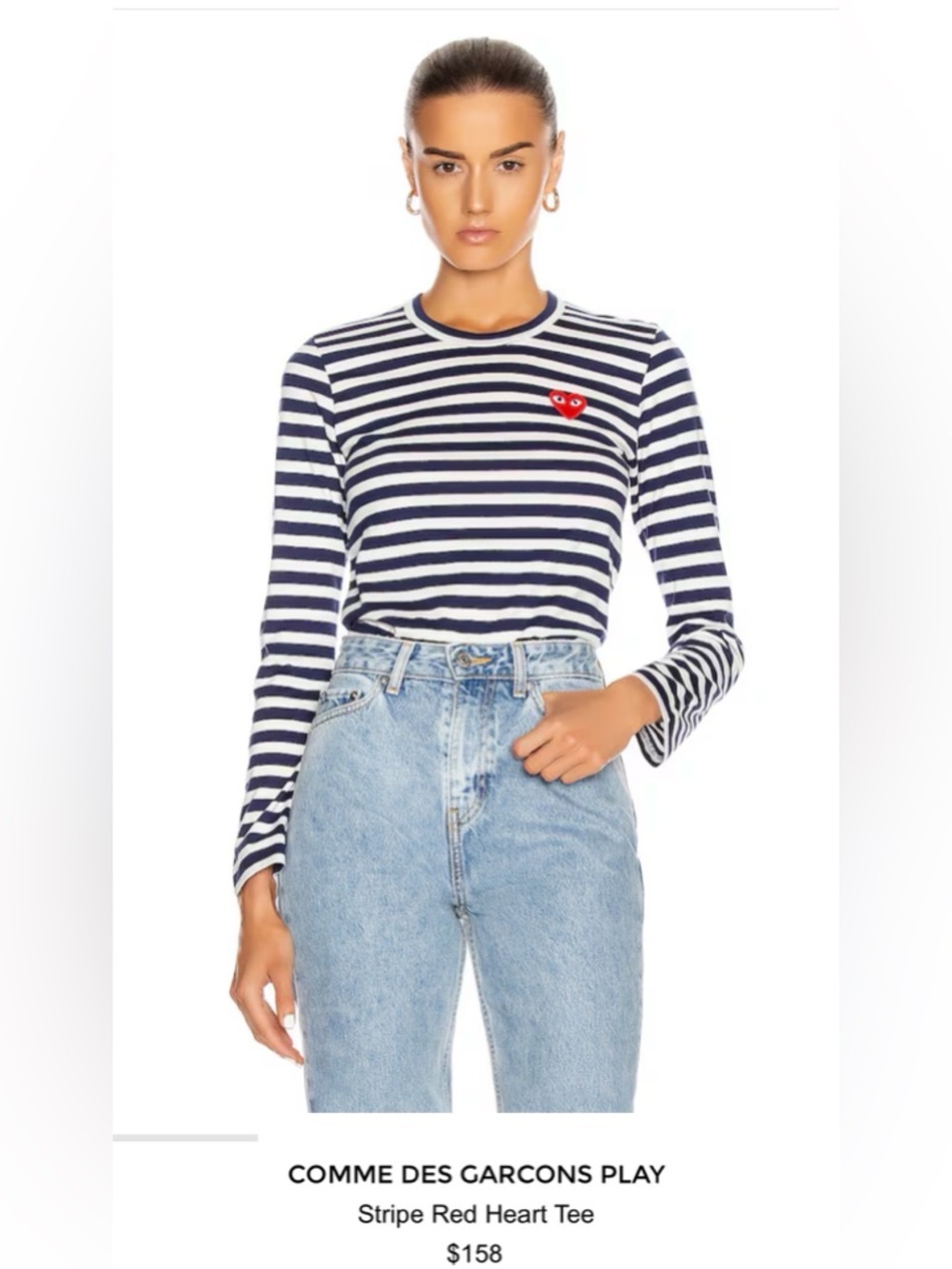 Comme des Garçons Navy and White Striped Long-Sleeve Top, Double Hearts